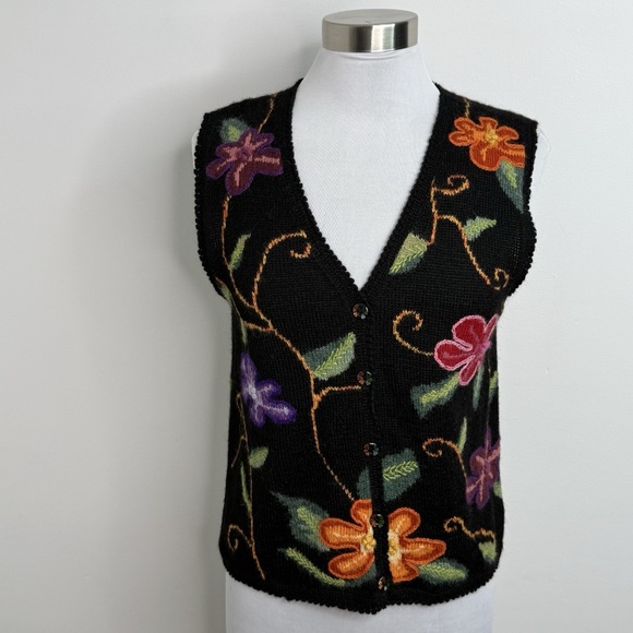 Alpaca Oro Hacienda Art-to-Wear 100% Baby Alpaca Floral Sweater Vest Sz L Peru - Picture 1 of 11